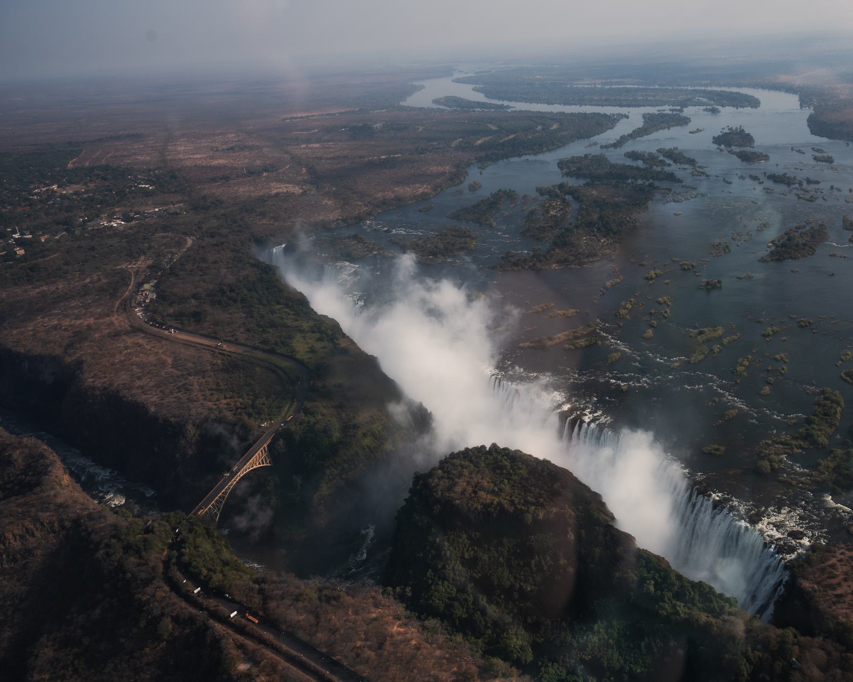 Flying over Victoria Falls during a helicopter ride.