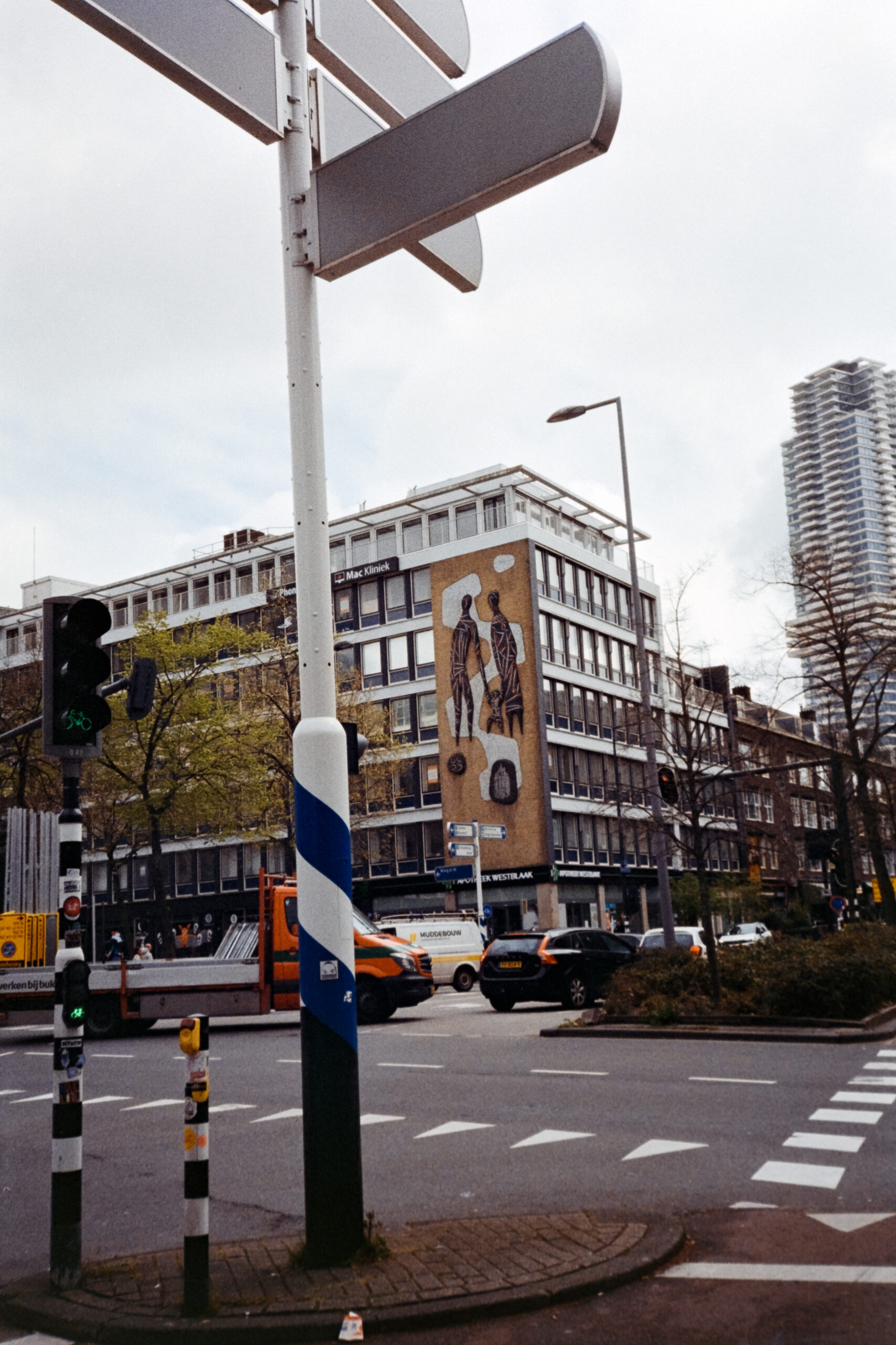 A film photo of the street outside the train station in Rotterdam.