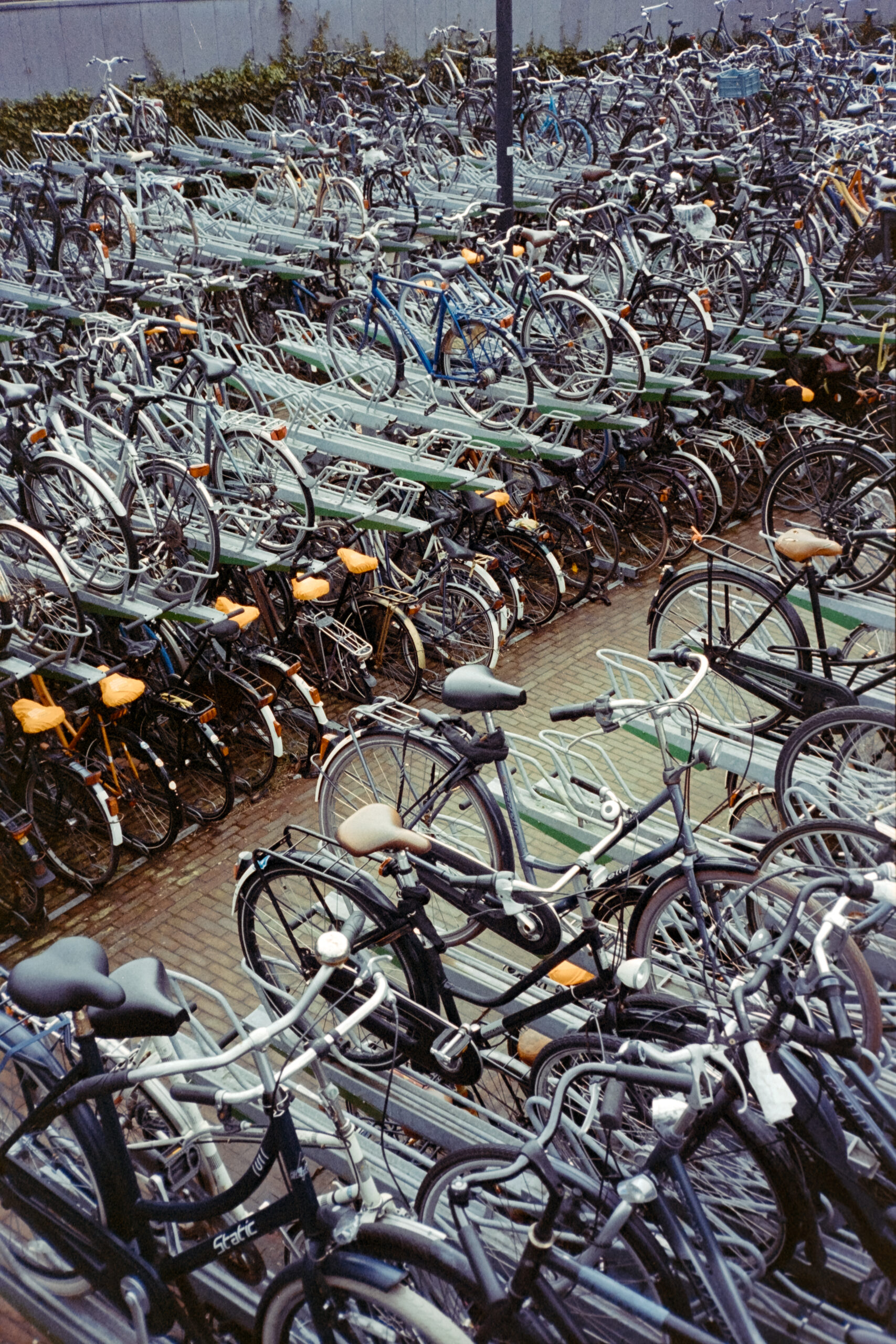 Film photo of racks of bike storage in Amsterdam.