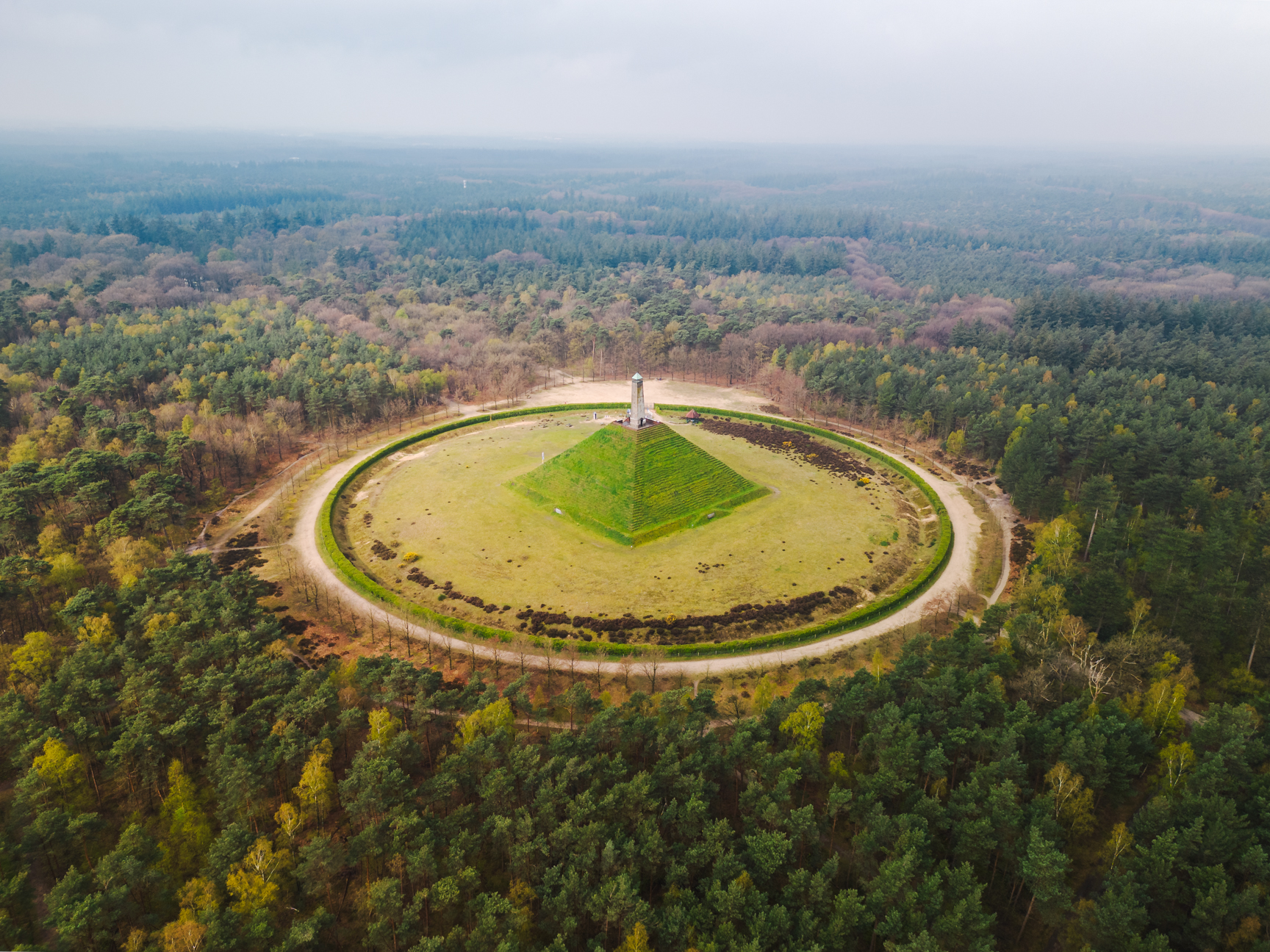 Drone shot of Pyramid Austerlitz in the Netherlands.
