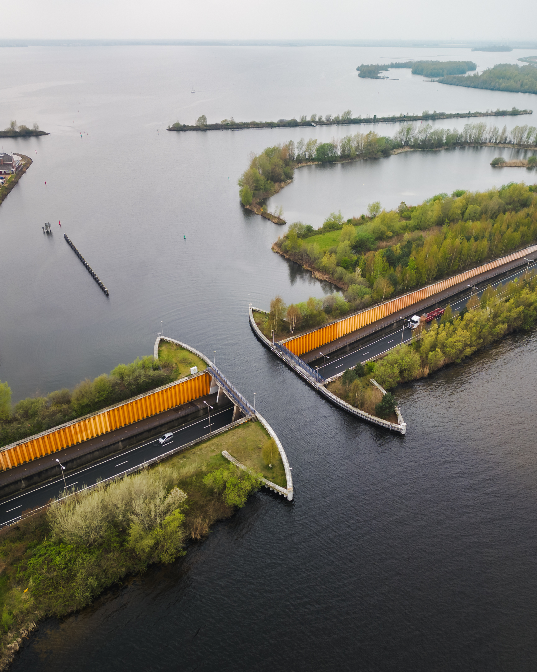 Drone shot of Aqueduct Veluwemeer, taken in the Netherlands.