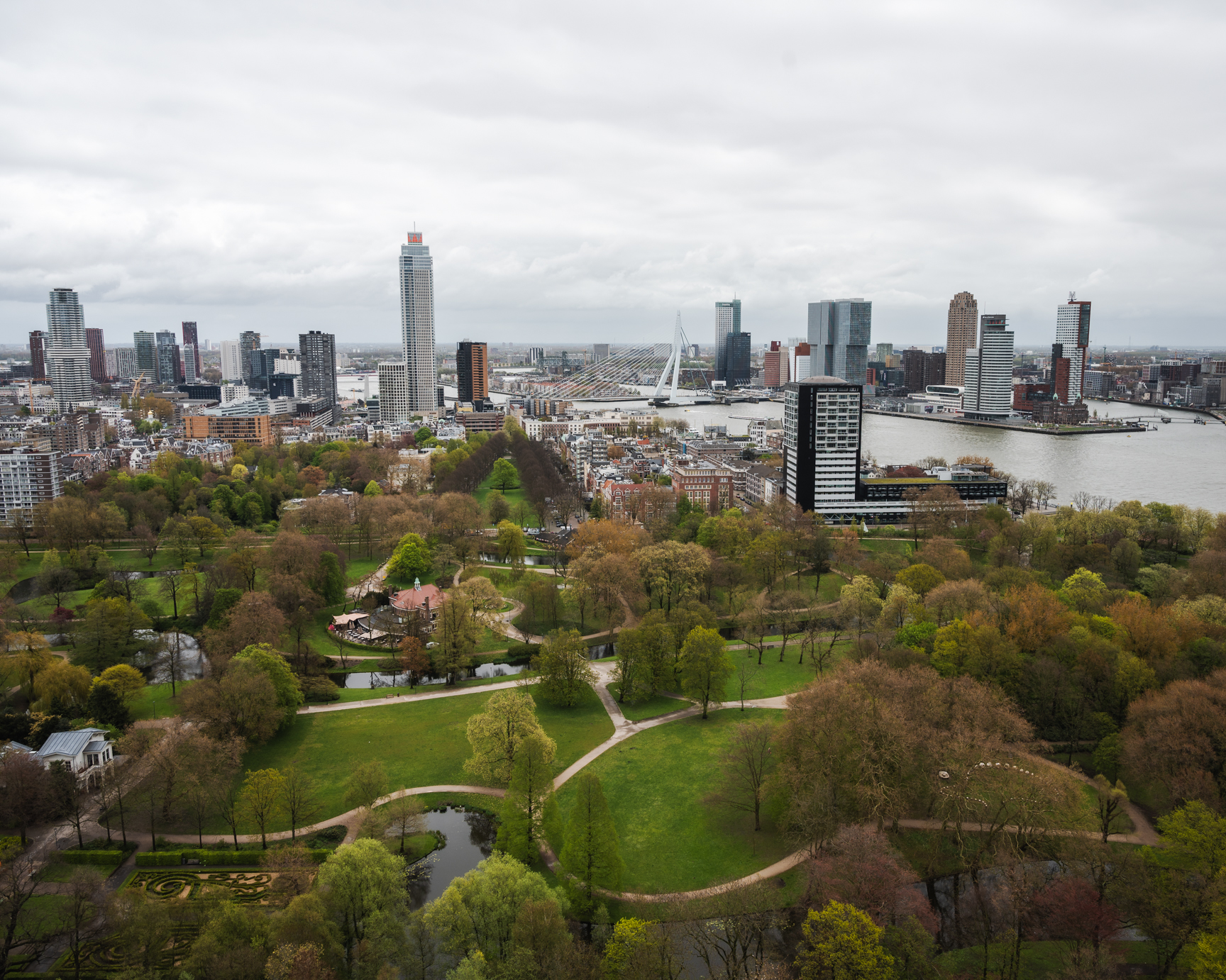 A bird's eye view photo of Rotterdam taken from the top of the Euromast Tower.